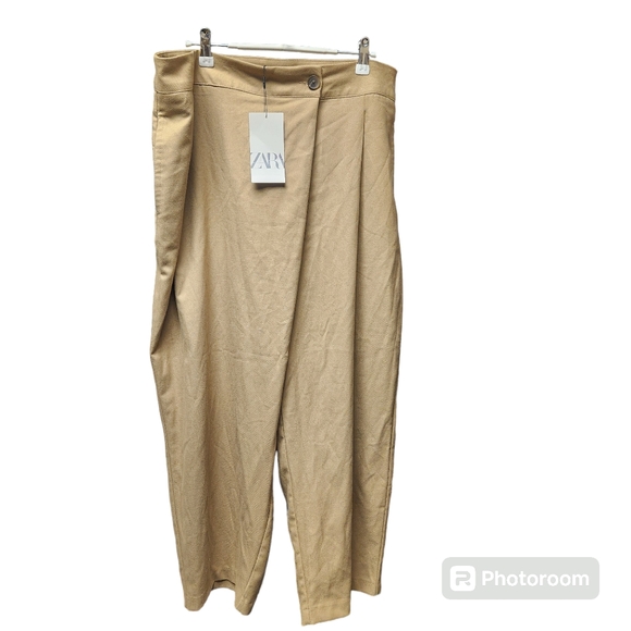 NWT ZARA Crossover Pleated Pants Sz. XL Khaki Asymmetrical - Picture 10 of 11